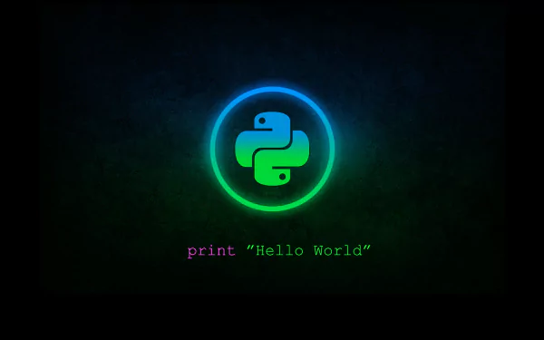 HD desktop wallpaper featuring the Python programming logo glowing in green and blue, with the text print 'Hello World' below it. Tags: coding, Python, technology, programming.