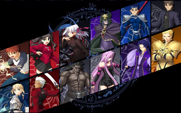 A dynamic HD wallpaper featuring characters from Fate/stay night and Fate/Zero, including Assassin, Berserker, Rin Tohsaka, Saber, Archer, Gilgamesh, Caster, and Rider.