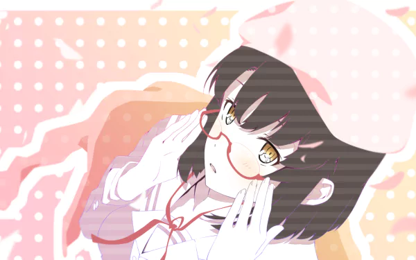 Anime HD wallpaper of Megumi Katō from Saekano: How to Raise a Boring Girlfriend, featuring her with short brown hair, glasses, and a hat in a soft pastel design.