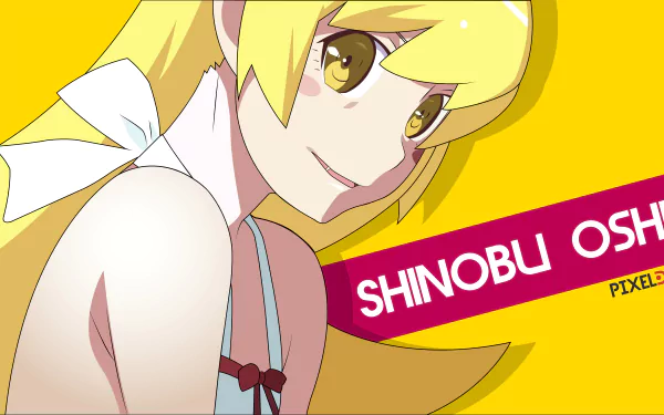 Anime wallpaper of Shinobu Oshino from Monogatari — blonde hair, yellow eyes, smiling close-up with a bright yellow background and pink name banner; 8K Ultra HD PC desktop wallpaper.