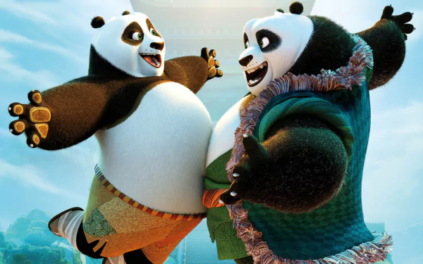 HD desktop wallpaper featuring Po and Li Shan from the movie Kung Fu Panda 3, joyfully embracing against a bright and serene background.