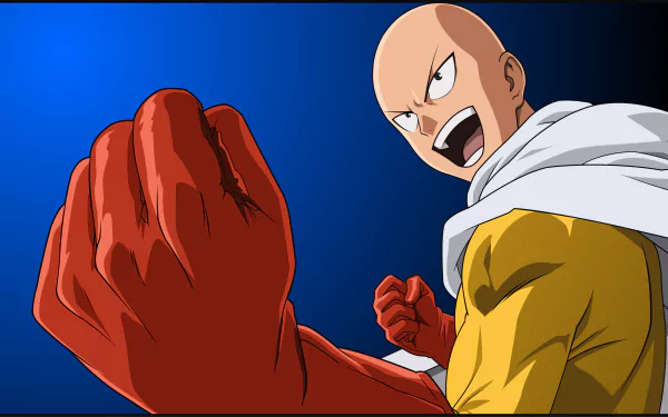 Saitama from One-Punch Man raises his powerful fist in an expressive pose, set against a vibrant blue background, creating a striking HD anime wallpaper.