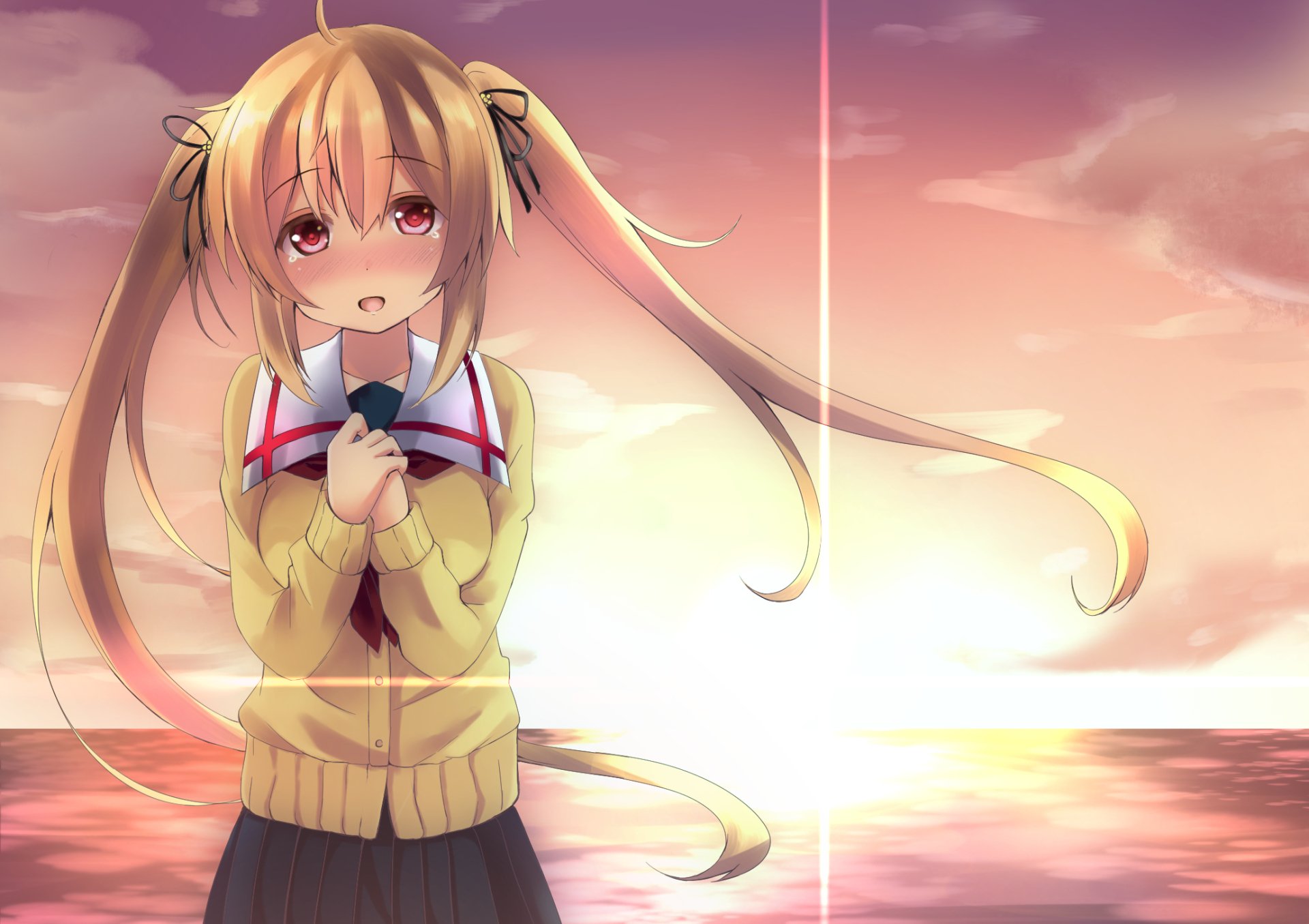 Anime-style HD wallpaper of Murasame from Kantai Collection with red eyes, blonde twintails, school uniform, and a soft blush against a glowing sunset background.