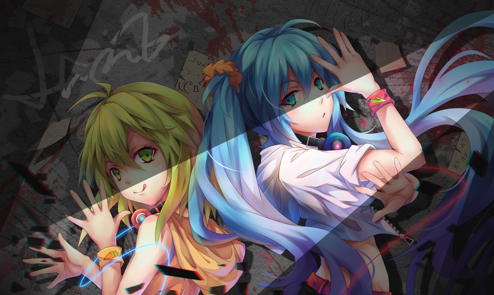 4K Ultra HD anime wallpaper featuring Vocaloid characters GUMI and Hatsune Miku in dynamic poses with vibrant colors and detailed shading.