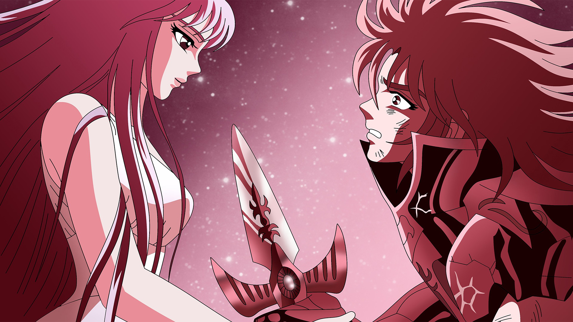HD anime desktop wallpaper featuring Athena and Gemini Kanon from Saint Seiya, showcasing a dramatic moment with soft pink hues and detailed character art.
