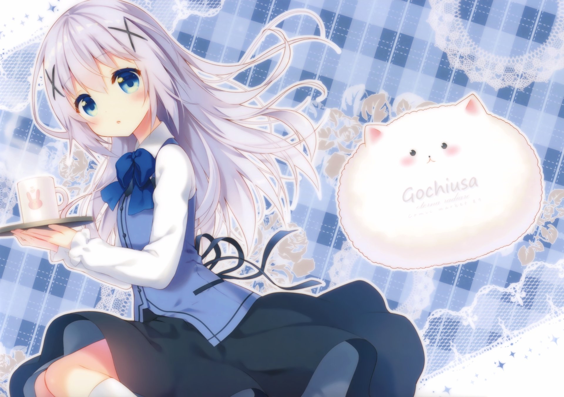 Anime wallpaper featuring Chino Kafū from Is the Order A Rabbit, characterized by her blue eyes and long purple hair, set against a charming background with whimsical elements.