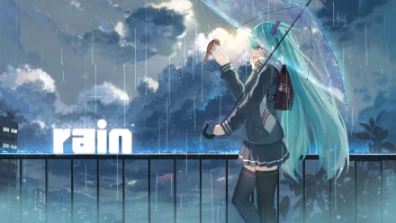 An HD wallpaper featuring Hatsune Miku from Vocaloid, with long hair, standing under an umbrella in the rain. The image has a beautiful anime style, set against a background of dark, rainy skies.