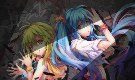 4K Ultra HD anime wallpaper featuring Vocaloid characters GUMI and Hatsune Miku in dynamic poses with vibrant colors and detailed shading.