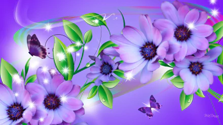 A vibrant HD desktop wallpaper featuring purple daisies, delicate butterflies, and lush green leaves, creating an artistic floral scene that captivates the eye.
