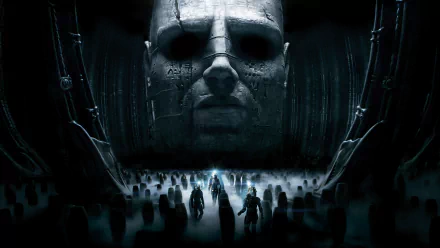 HD PC desktop wallpaper featuring a dark, ominous scene from the movie Prometheus with a giant stone head and silhouetted figures in a mysterious landscape.