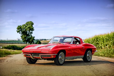 A red Chevrolet Corvette Stingray car parked on a rural road under a blue sky, captured in 4K Ultra HD for a PC desktop wallpaper background.