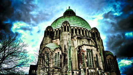 HDR 4K Ultra HD PC desktop wallpaper of a dramatic religious Gothic church with green-tinted dome, towering stone facade and stormy sky.