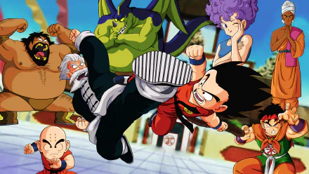 A vibrant HD wallpaper featuring iconic characters from Dragon Ball, including Goku, Master Roshi, Yamcha, and Krillin, engaging in dynamic action in a colorful setting.