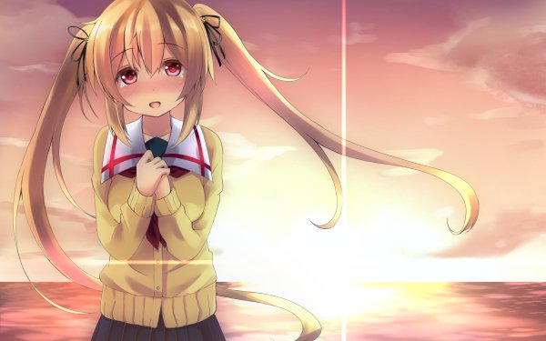 Anime Kantai Collection Murasame Long Hair Twintails Blonde School Uniform Blush Sunset Red Eyes HD Wallpaper | Background Image