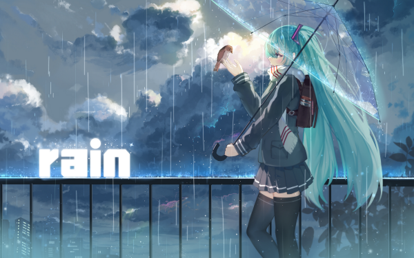 Anime Vocaloid Hatsune Miku Rain Umbrella Long Hair HD Wallpaper | Background Image