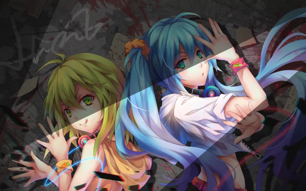 4K Ultra HD anime wallpaper featuring Vocaloid characters GUMI and Hatsune Miku in dynamic poses with vibrant colors and detailed shading.