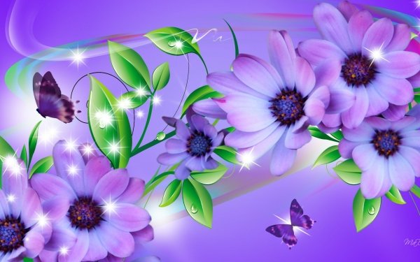 Artistic Flower Flowers Daisy Purple Butterfly Leaf HD Wallpaper | Background Image