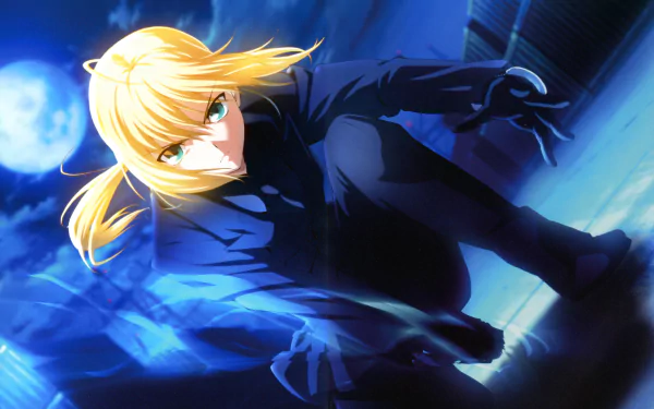 HD desktop wallpaper featuring Saber from Fate/Zero in a dynamic pose with a blue-toned background.