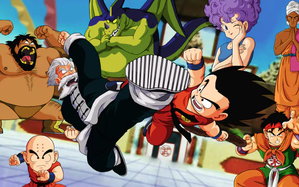 A vibrant HD wallpaper featuring iconic characters from Dragon Ball, including Goku, Master Roshi, Yamcha, and Krillin, engaging in dynamic action in a colorful setting.