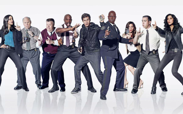 Cast of the TV show Brooklyn Nine-Nine posed dynamically in a 4K Ultra HD desktop wallpaper and background.