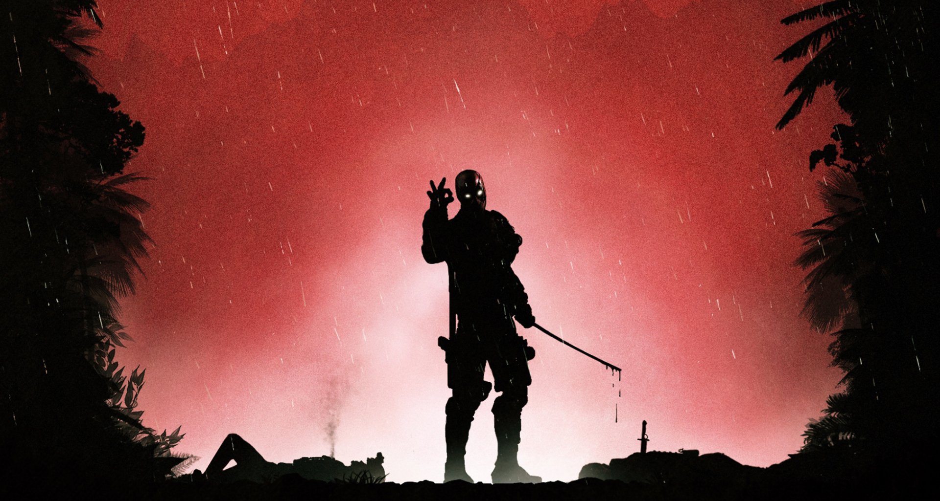 A striking HD wallpaper featuring Deadpool in silhouette against a dramatic red background, exuding an action-packed and comic-inspired aesthetic.