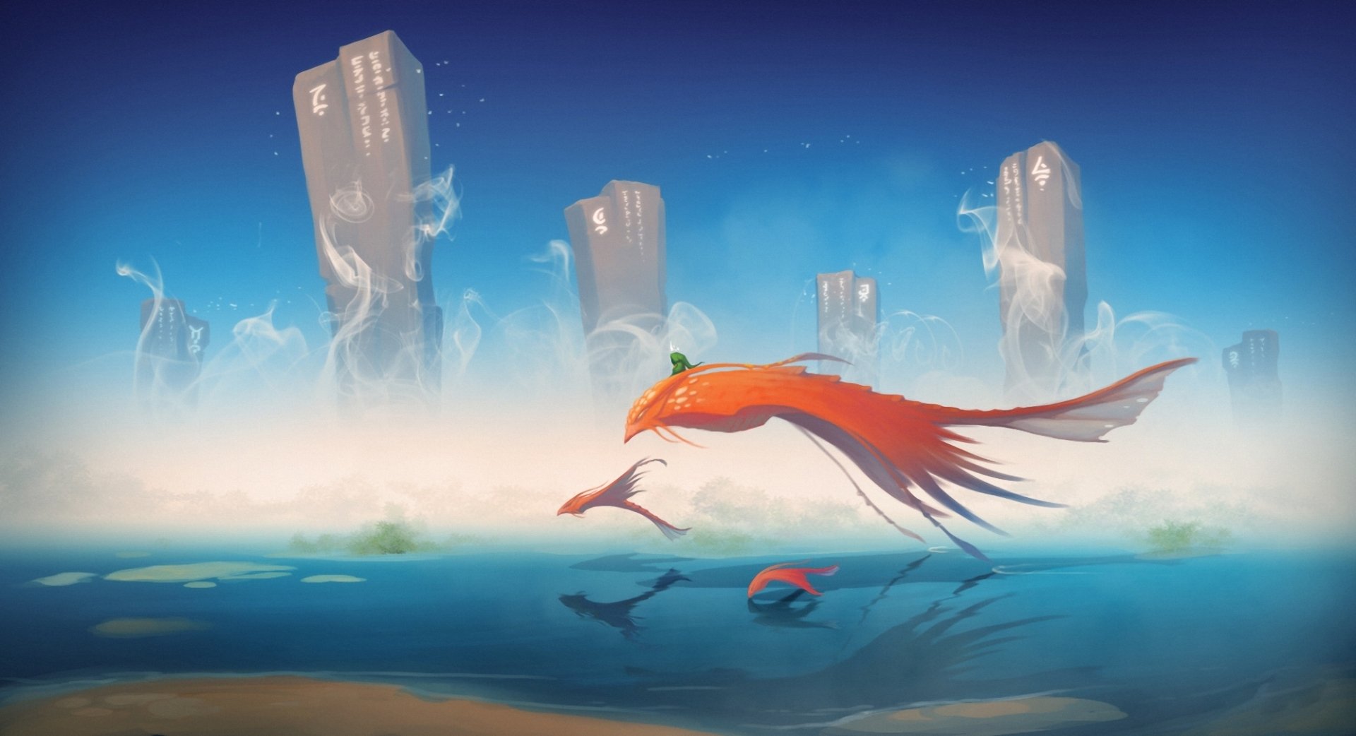 A fantasy scene with smoke and towering buildings by a river, featuring flying mythical animals and people in an HD desktop wallpaper style.
