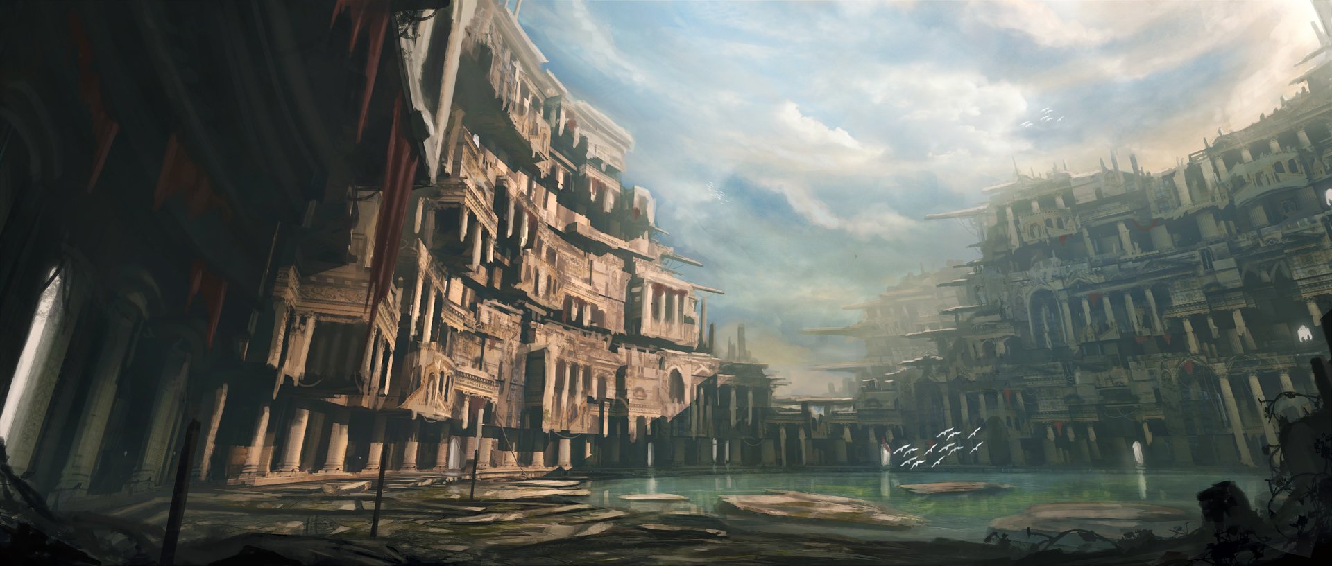 HD fantasy desktop wallpaper depicting ancient ruined buildings surrounding a misty lake under a cloudy sky.