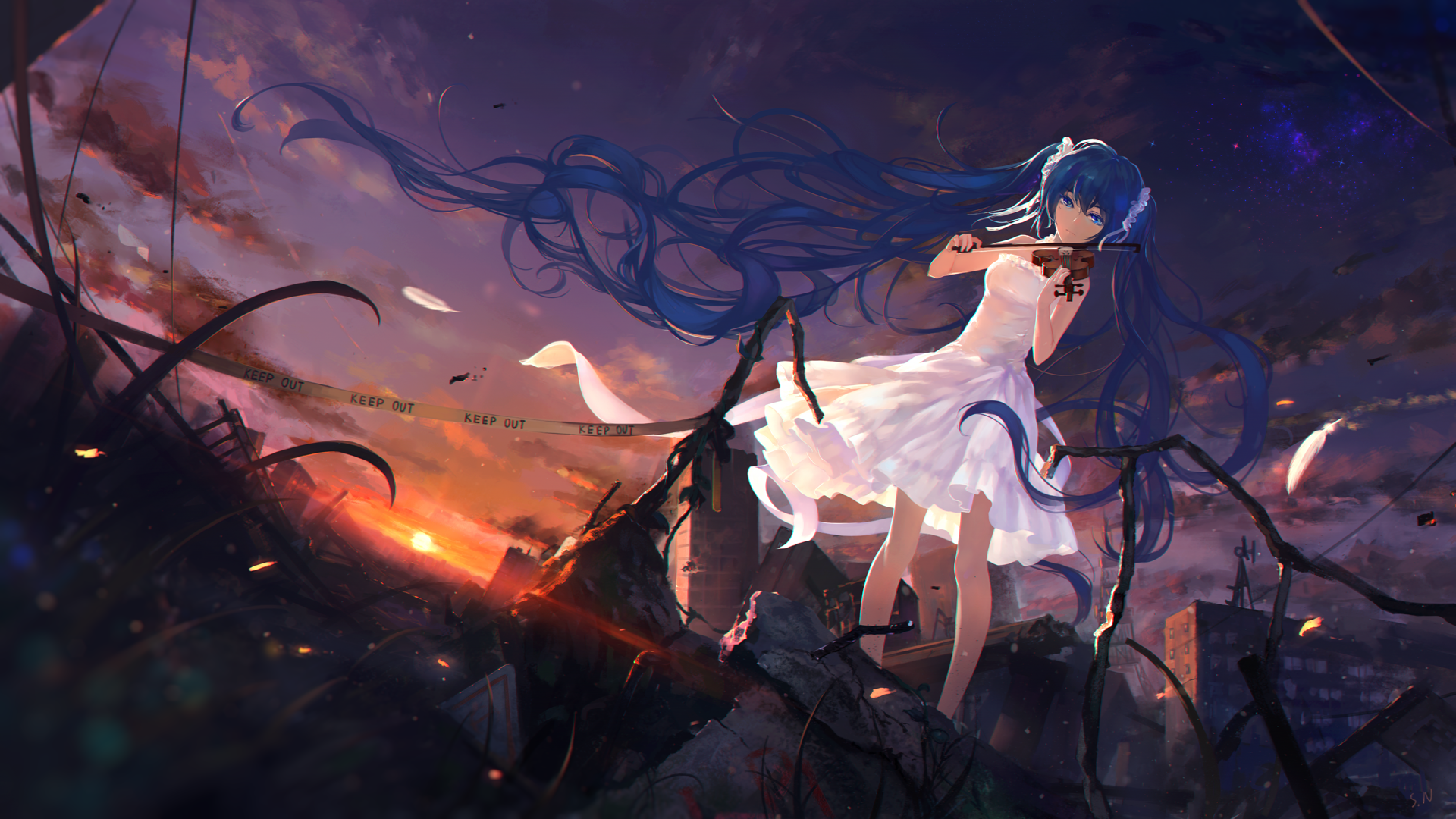 HD anime desktop wallpaper featuring Hatsune Miku from Vocaloid playing the violin, set against a dramatic sunset sky with swirling dark and light elements.