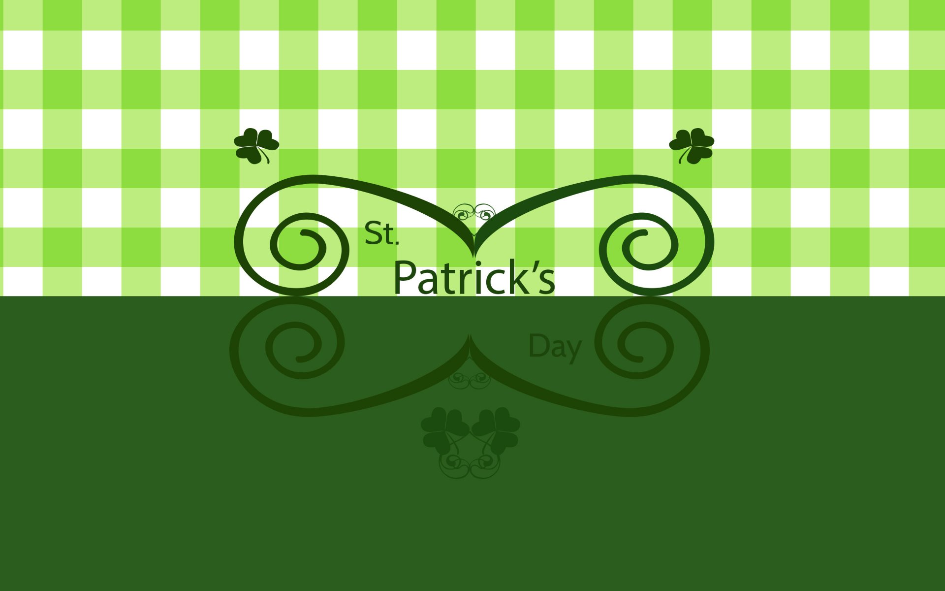 Green checkered St. Patrick's Day desktop wallpaper (2K Quad HD) with decorative shamrock scrollwork above a solid green panel.