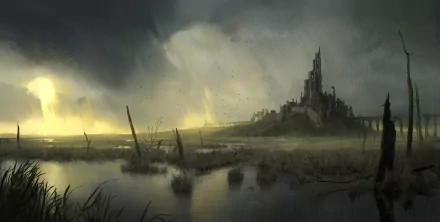 HD fantasy landscape wallpaper depicting a dark swamp with haunting ruins and a towering castle amidst mist and stormy skies.