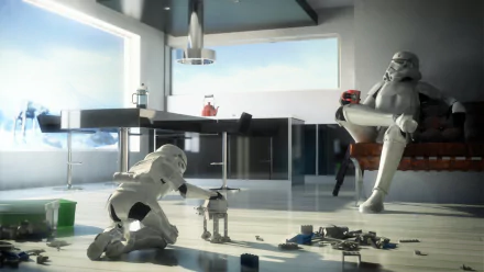 Funny Star Wars scene featuring stormtroopers playing with toys in a bright, modern room, designed as an HD PC desktop wallpaper and background.