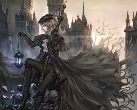 A detailed illustration of Lady Maria from Bloodborne, featuring her with green hair in a ponytail, holding a lantern and sword, surrounded by skeletons against a dramatic sunrise backdrop.