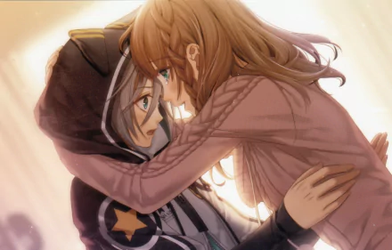 A captivating HD wallpaper from Amnesia, featuring two characters—one with white hair and a hoodie, the other with long brown hair—sharing an intimate moment, both smiling and blushing with green eyes.