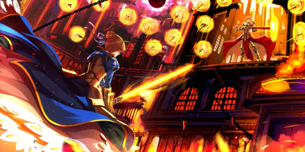 HD anime wallpaper featuring a battle scene from Fate/Stay Night with Artoria Pendragon (Saber) in armor, wielding a sword, and Gilgamesh surrounded by flames and energy orbs in a fiery urban backdrop.