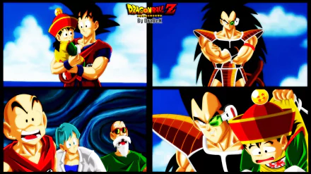 HD Dragon Ball Z wallpaper featuring Master Roshi, Bulma, Krillin, Raditz, Gohan, and Goku. The characters are depicted in various scenes and expressions, creating a dynamic and colorful background.