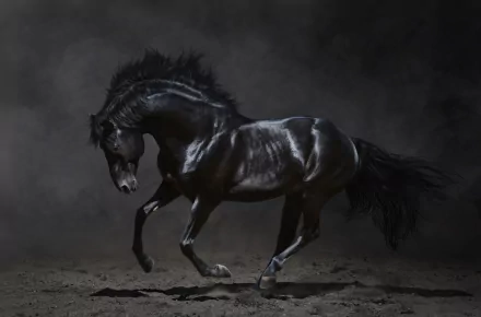 High-definition desktop wallpaper of a majestic black horse galloping against a dark, misty background.