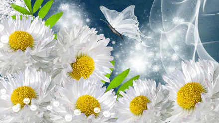 A serene HD wallpaper featuring white daisies with yellow centers, sparkling accents, and a delicate butterfly, set against a soft, dreamy background.