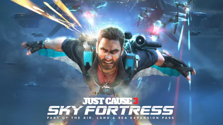 HD PC desktop wallpaper featuring Rico Rodriguez from the video game Just Cause 3 in an action-packed Sky Fortress scene.