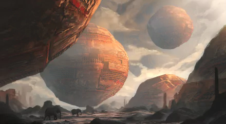 A surreal Sci-Fi landscape featuring large, intricately designed spheres hovering above a terrain with elephants, creating a striking and imaginative atmosphere.