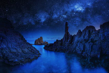 A serene night scene showcasing a starry sky over rocky formations, with deep blue hues reflecting in the water, creating a captivating nature backdrop for HD wallpaper.