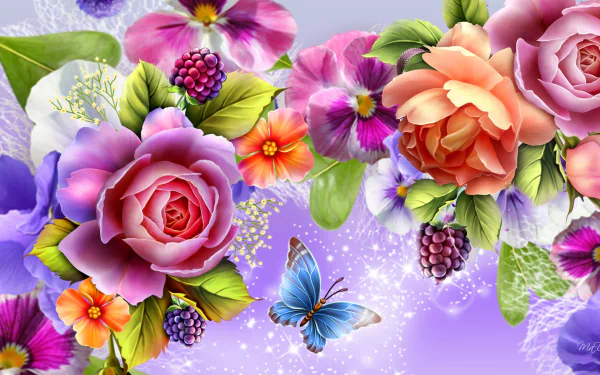 A vibrant HD desktop wallpaper featuring colorful flowers and a butterfly, enhanced with sparkles, creating an artistic and enchanting floral arrangement.