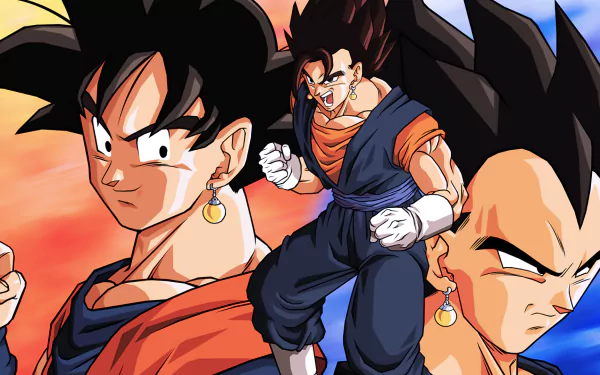 HD desktop wallpaper featuring Vegetto, Vegeta, and Goku from Dragon Ball Z. Bold, colorful anime art showcases dynamic poses against a vivid, gradient background.