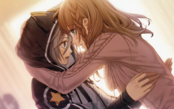 A captivating HD wallpaper from Amnesia, featuring two characters—one with white hair and a hoodie, the other with long brown hair—sharing an intimate moment, both smiling and blushing with green eyes.