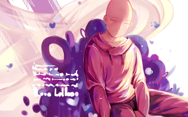 HD anime wallpaper featuring Saitama from One-Punch Man, depicted with a calm expression against a soft, abstract background in pastel tones.