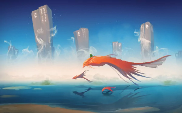 A fantasy scene with smoke and towering buildings by a river, featuring flying mythical animals and people in an HD desktop wallpaper style.