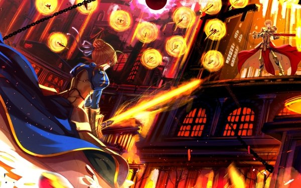 Anime Fate/Stay Night Fate Series Gilgamesh Dress Weapon Sword Flame Short Hair Blonde Armor Saber Artoria Pendragon HD Wallpaper | Background Image