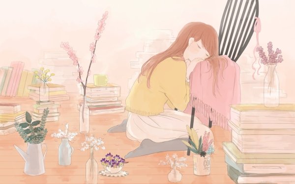 Anime Original Long Hair Brown Hair Skirt Book Vase Plant Chair HD Wallpaper | Background Image