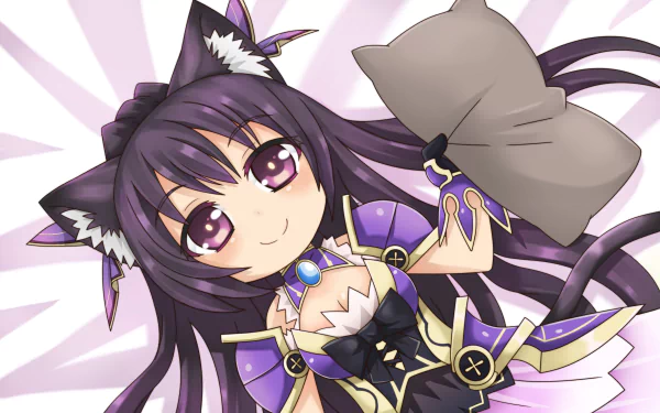 A chibi anime character, Tohka Yatogami from Date A Live, with purple hair, purple eyes, animal ears, and a tail, holds a pillow while dressed in ornate armor and a dress. HD desktop wallpaper background.