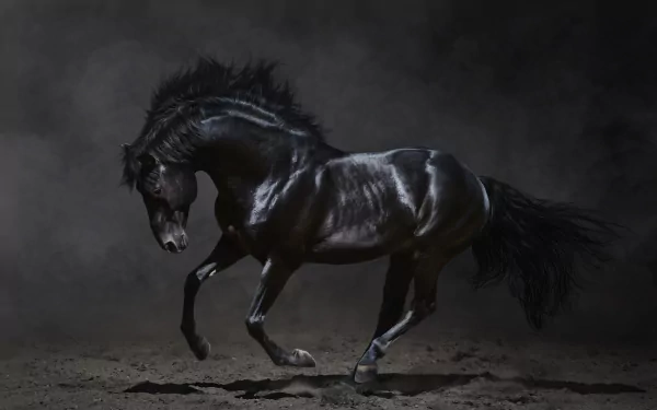 High-definition desktop wallpaper of a majestic black horse galloping against a dark, misty background.