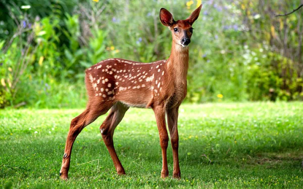 A cute fawn stands gracefully in a lush green field, showcasing the distinctive spots of a white-tailed deer, embodying the beauty of wildlife in this HD desktop wallpaper.